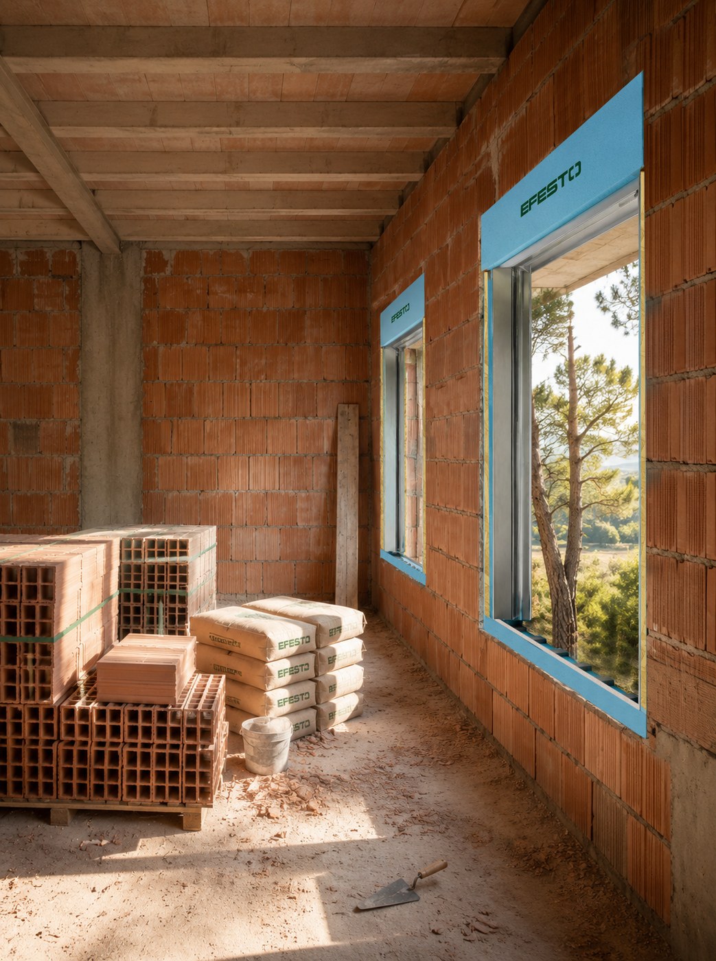 Monoblocchi termoisolanti EFESTO installati in cantiere su muratura in laterizio, con giunto di posa nastrato