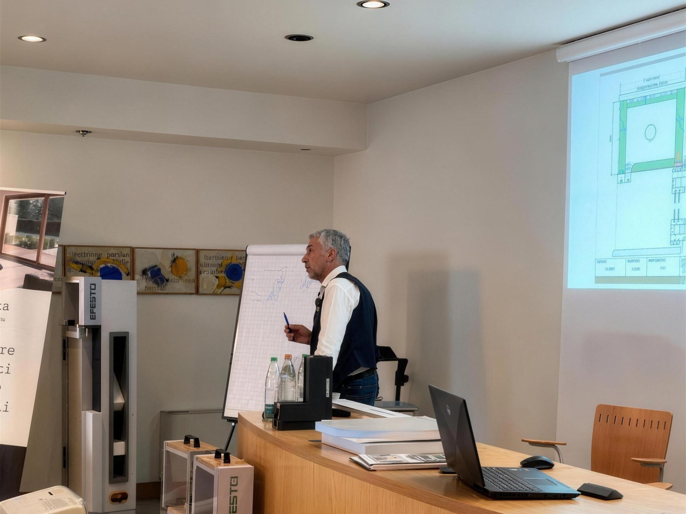 Relatore EFESTO in apertura del pomeriggio formativo all'Hotel Aleramo di Asti, con la sezione del nodo finestra proiettata