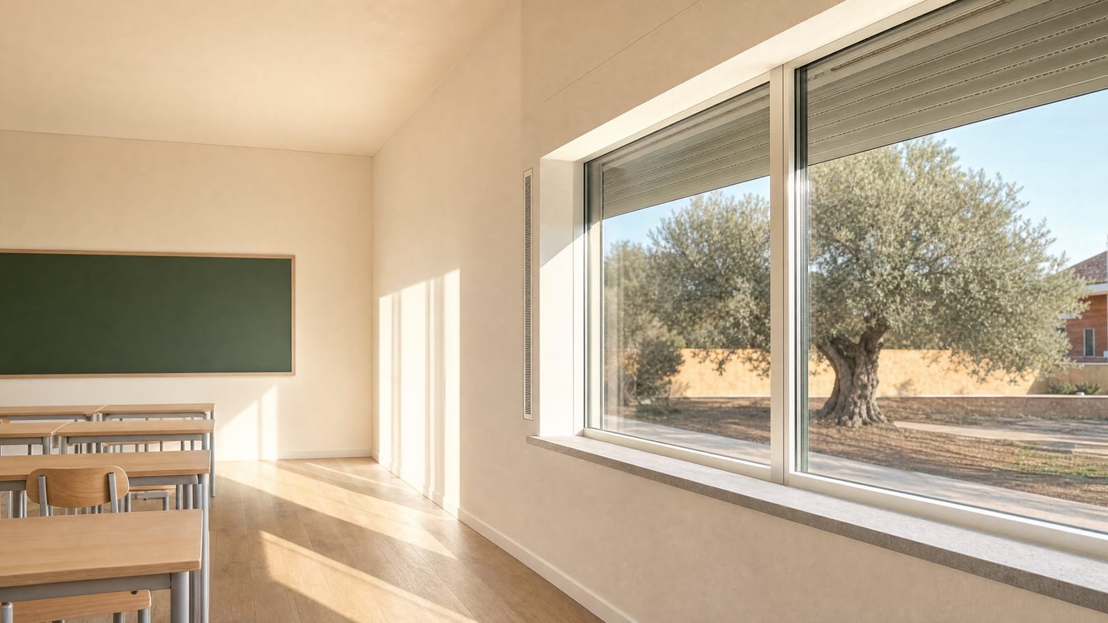 Aula scolastica con grande parete finestrata: spalla a filo intonaco, cassonetto a scomparsa e griglia della ventilazione integrata nel monoblocco