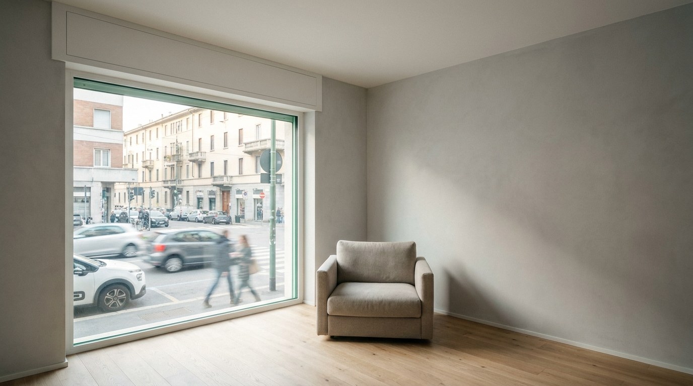 Interno silenzioso con grande finestra e cassonetto integrato, strada trafficata oltre il vetro: l'acustica del foro finestra