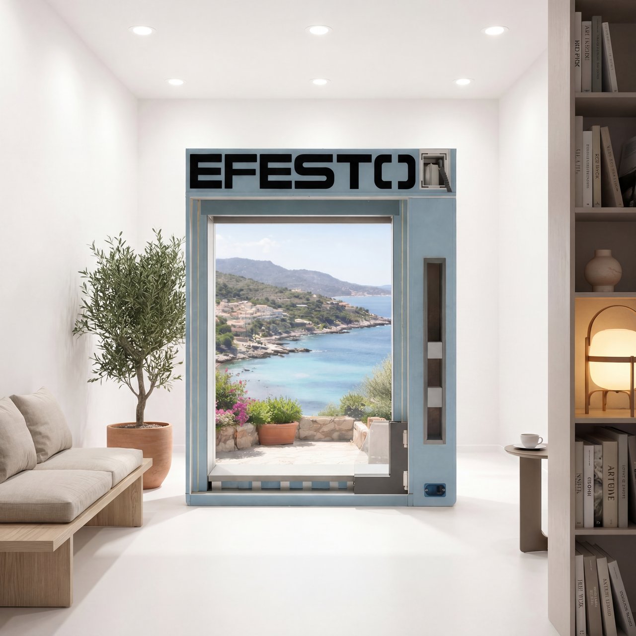 Monoblocco EFESTO ambientato in interni moderni con vista sulla costa sarda