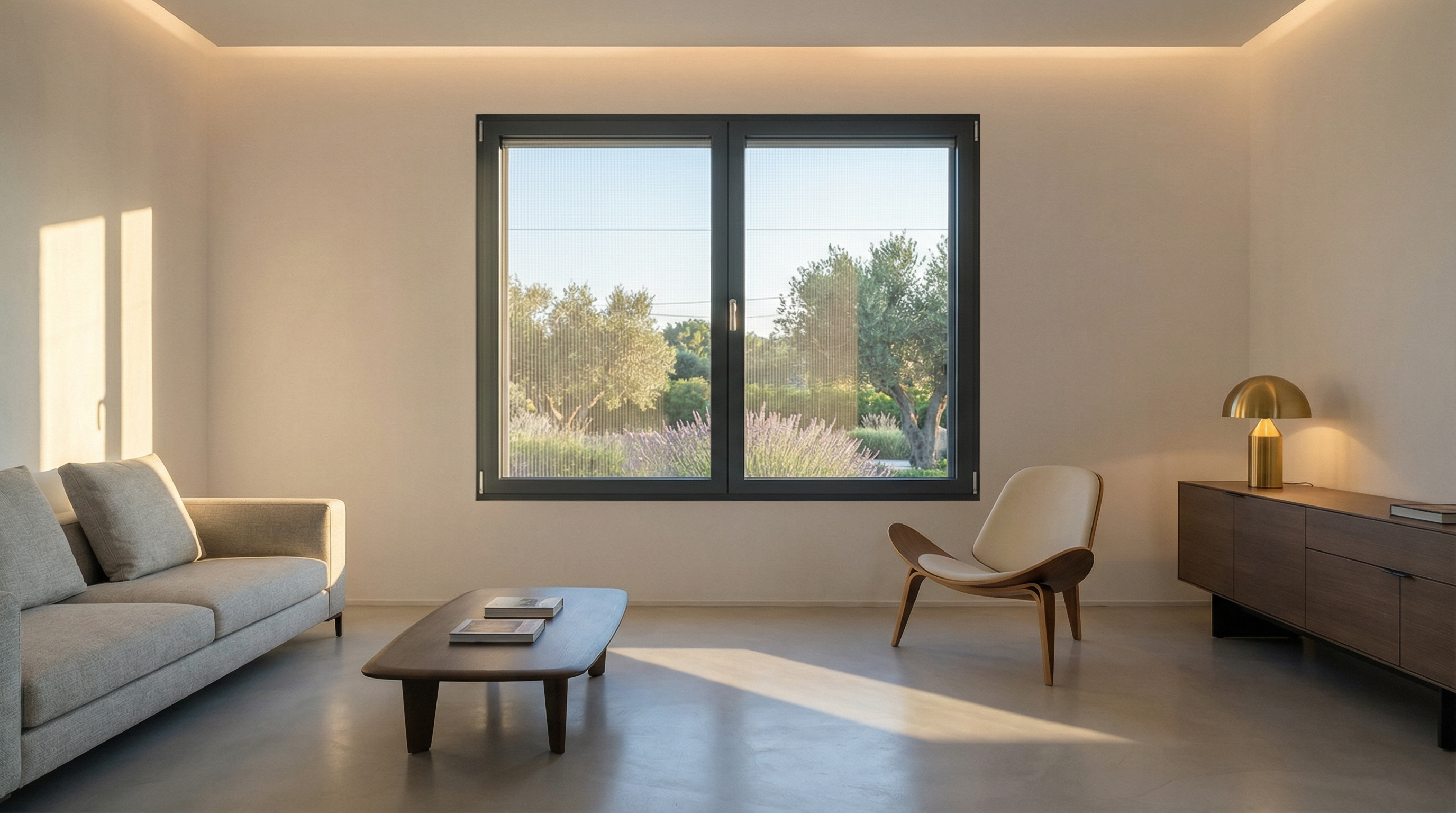 Interni con zanzariera integrata nel monoblocco EFESTO — vista su giardino mediterraneo