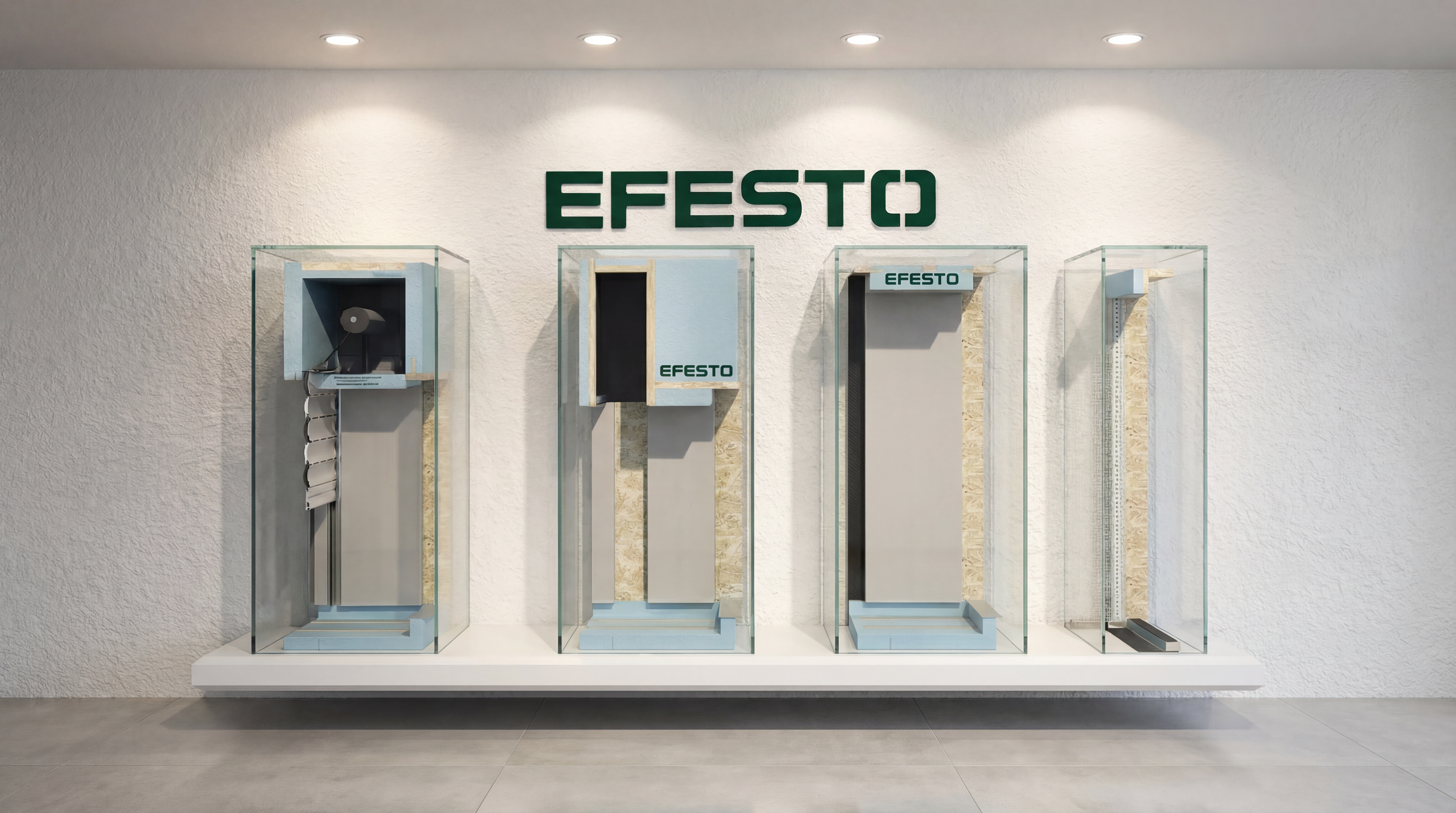 Campionatura sistemi EFESTO in showroom con teche espositive